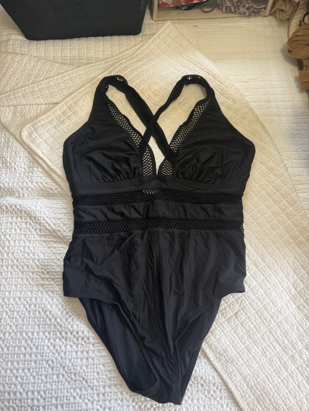 Black Crisscross One-Piece Swimwear with Mesh Insets